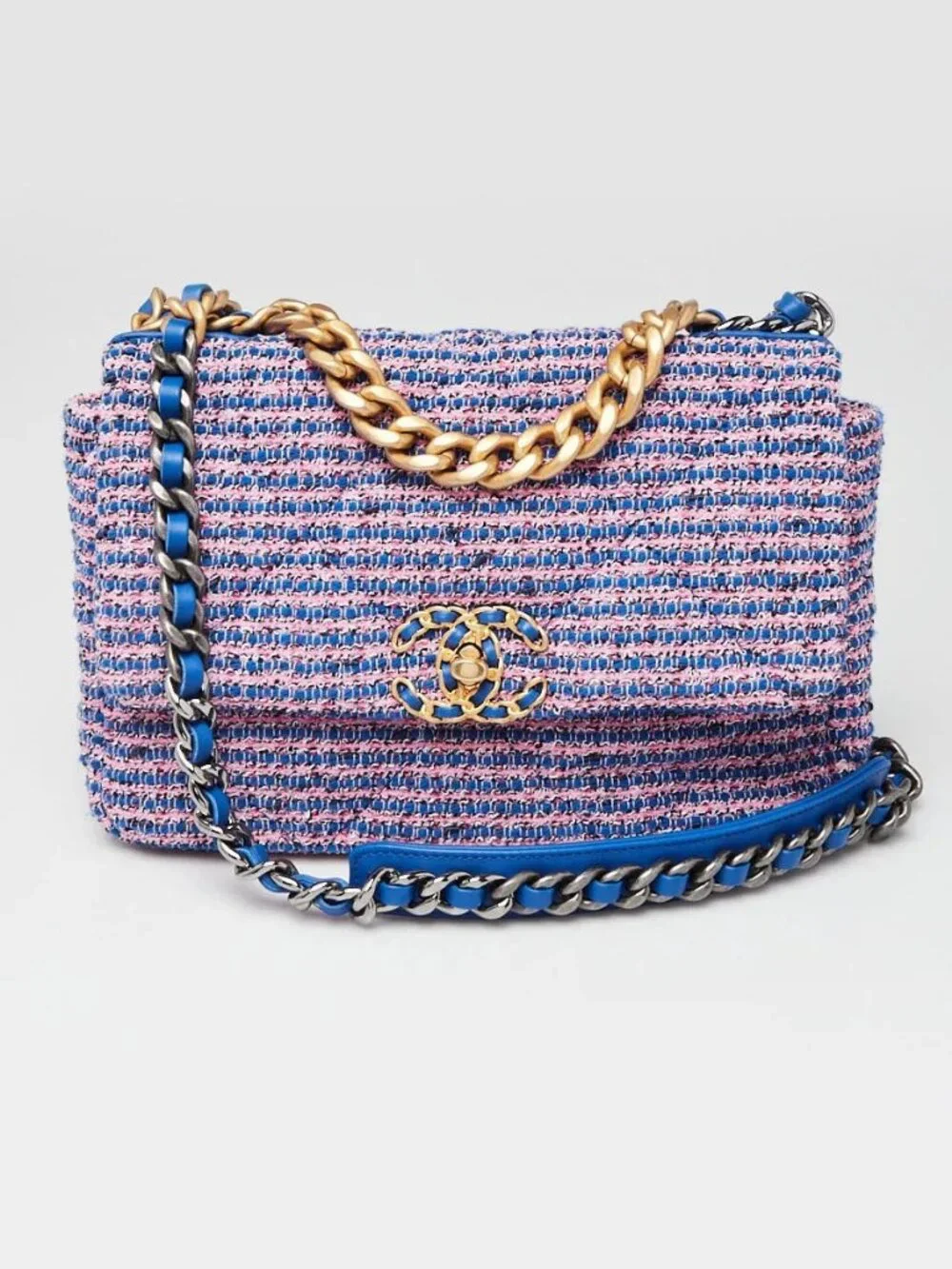 Chanel Blue/Pink Quilted Tweed Medium Chanel 19 Bag